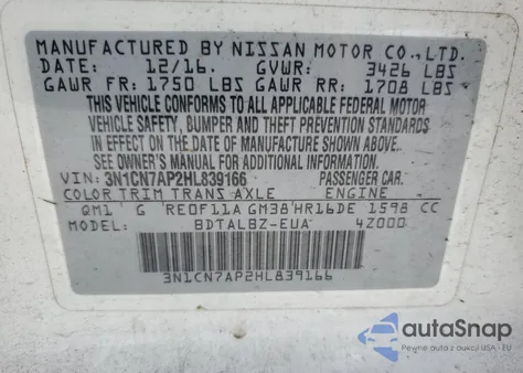 2017 Nissan Versa S из США, поврежденный, VIN 3N1CN7AP2HL839166